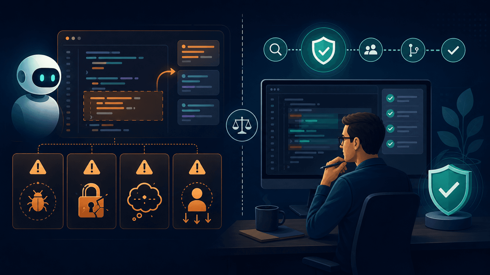 Human review and security checks for AI-generated code
